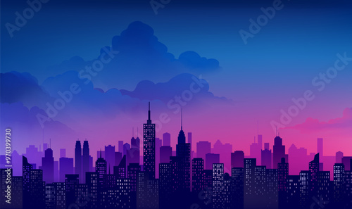 Hand painted horizontal landscape illustration of the city under the blue and purple sky