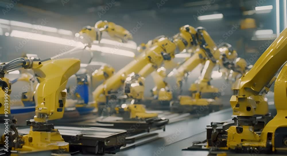 Multiple robotic arms engaged in assembly and welding processes on a car production line Multiple robotic arms engaged in assembly and welding processes on a car production line