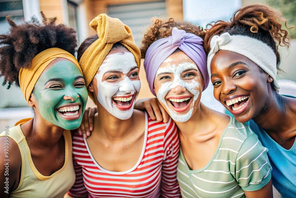 Four diverse young women share a fun moment while enjoying their skincare routine applying facial mask Four diverse young women share a fun moment while enjoying their skincare routine applying facial mask