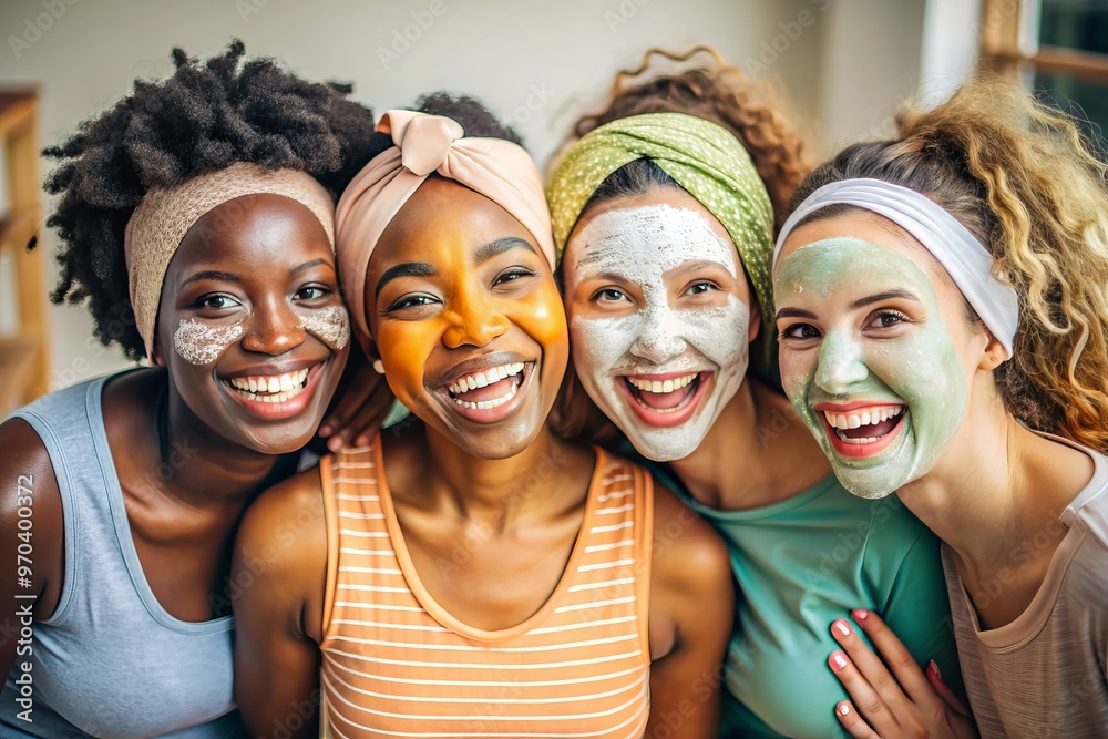 Four diverse young women share a fun moment while enjoying their skincare routine applying facial mask Four diverse young women share a fun moment while enjoying their skincare routine applying facial mask