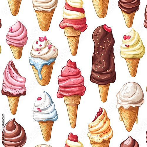 Delightful Ice Cream Desserts in Seamless Repeating Pattern with Variety of Flavors and Toppings photo