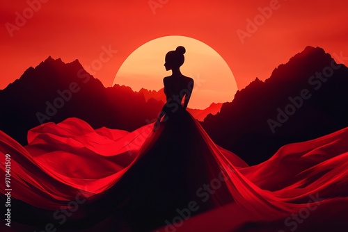 A sleek and modern illustration, featuring an elegant woman in high-fashion attire, standing with her back to the viewer against dark red mountains, illustrating high fashion, haute couture , high qua photo