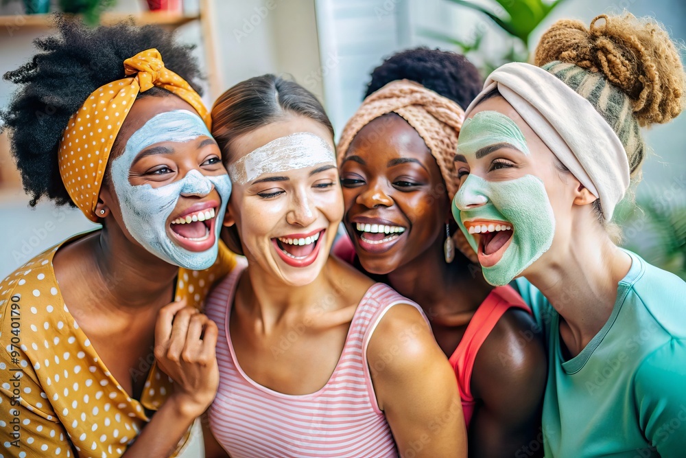 Four diverse young women share a fun moment while enjoying their skincare routine applying facial mask Four diverse young women share a fun moment while enjoying their skincare routine applying facial mask