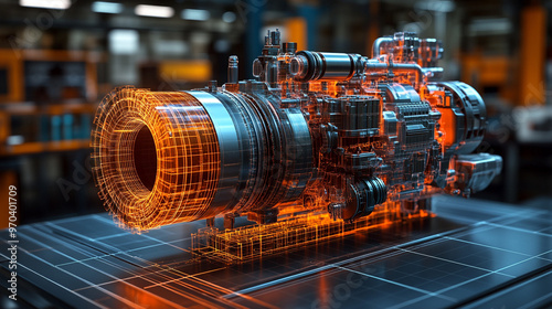 A 3D rendering of a complex engine model showcasing its intricate design and components.