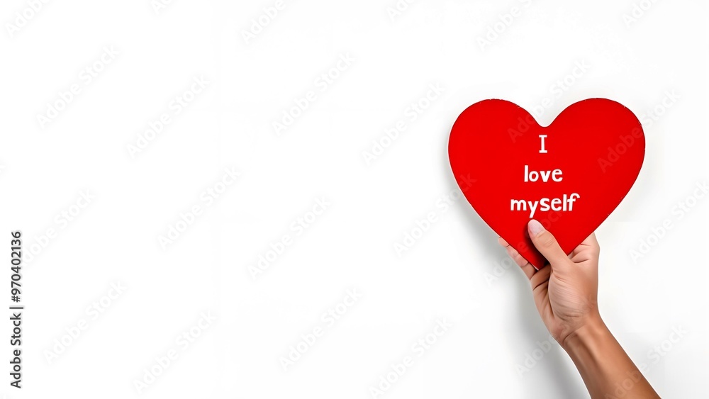 Hands holding heart-shape red paper card on white copy space background with text I LOVE MYSELF, self-love and self-acceptance - positive self-talk to bulid appreciative relationship with yourself Hands holding heart-shape red paper card on white copy space background with text I LOVE MYSELF, self-love and self-acceptance - positive self-talk to bulid appreciative relationship with yourself