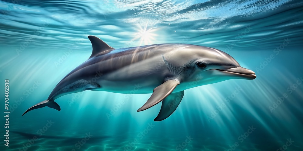 Obraz premium A sleek, gray dolphin swims in a transparent, isolated environment, its curved body and dorsal fin reflected in the surrounding clear, aqua-blue background.