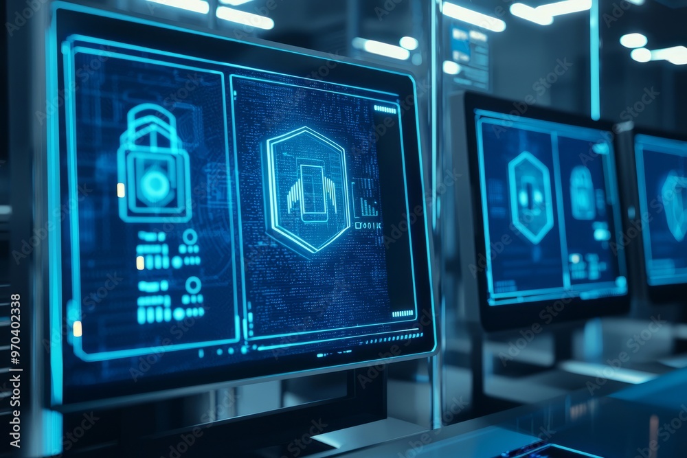 A secure IT environment with visualizations of multi-factor authentication processes and access control systems. The screens show authentication requests and security, Generative AI A secure IT environment with visualizations of multi-factor authentication processes and access control systems. The screens show authentication requests and security, Generative AI