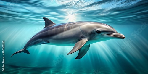 A sleek, gray dolphin swims in a transparent, isolated environment, its curved body and dorsal fin reflected in the surrounding clear, aqua-blue background.