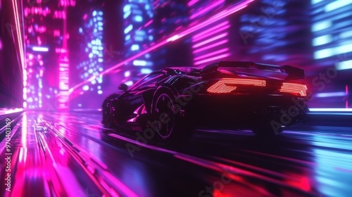 A black sports car speeds through a neon-lit city street, leaving streaks of light in its wake. The futuristic cityscape creates a sense of speed and dynamism.