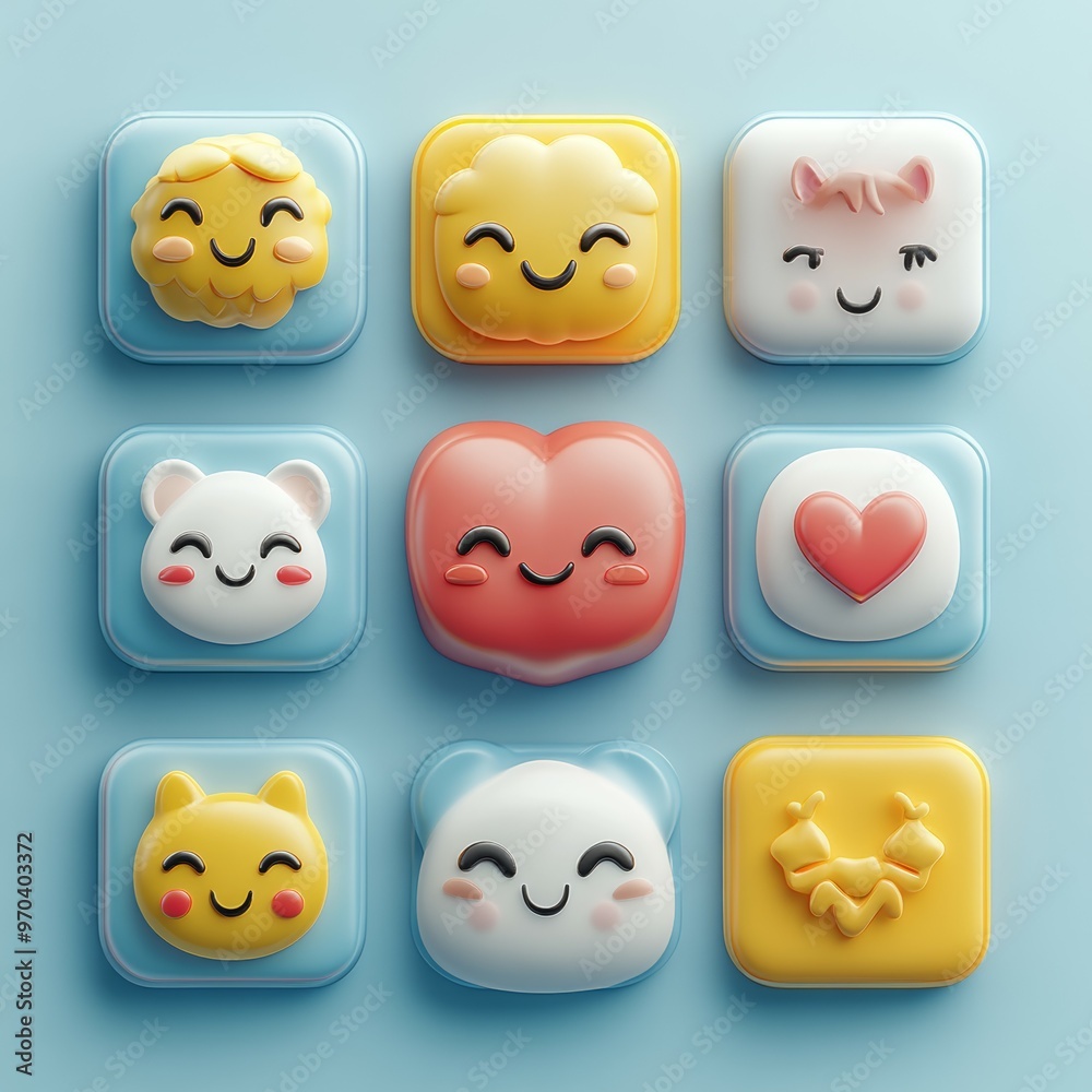 Obraz premium Cute Cartoon Emojis in Colorful Squares on Blue Background