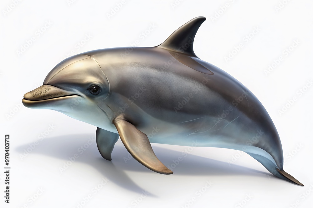 Close-up of a bottlenose dolphin's sleek gray body and dorsal fin, isolated on a clean white background with a subtle shadow underneath. Close-up of a bottlenose dolphin's sleek gray body and dorsal fin, isolated on a clean white background with a subtle shadow underneath.