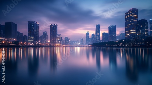 A city skyline with skyscrapers reflecting in the water at dusk.