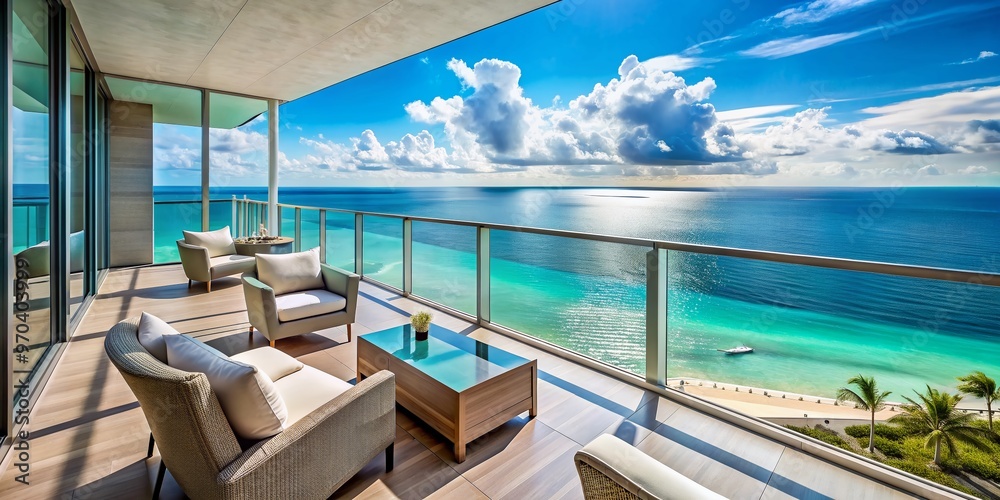 Fototapeta premium Breathtaking vista from sleek, modern high-rise apartment balcony overlooking turquoise waters, luxurious furniture, and endless horizon, evoking feelings of serenity and opulence.