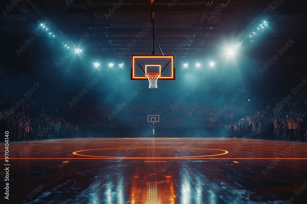 Basketball Court With Intense Lighting While Hoop And Scoreboard Are 1000 F 970404140 CWEqsJNIydrX3zC2r7ikHNg4Sx8COI9t