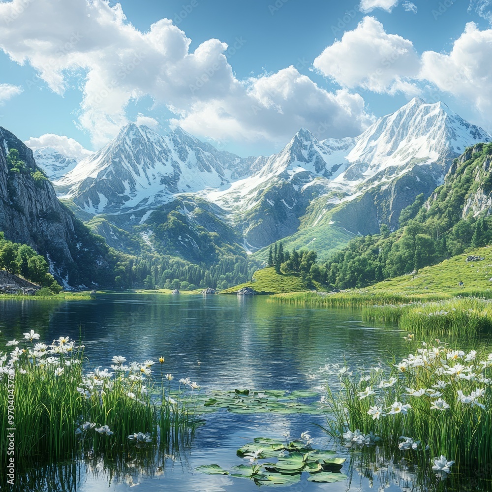 Serene Mountain Lake with Water Lilies and Snow capped Peaks Serene Mountain Lake with Water Lilies and Snow capped Peaks