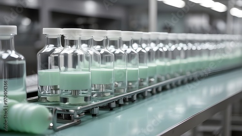 hygienic gloves on your hands Examine the medical vials being produced on the pharmaceutical factory's manufacturing line. Observe the pharmaceutical machine operating on the glass bottle production l