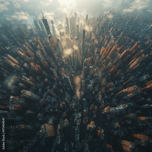 Aerial View of Cityscape with Fog and Skyscrapers