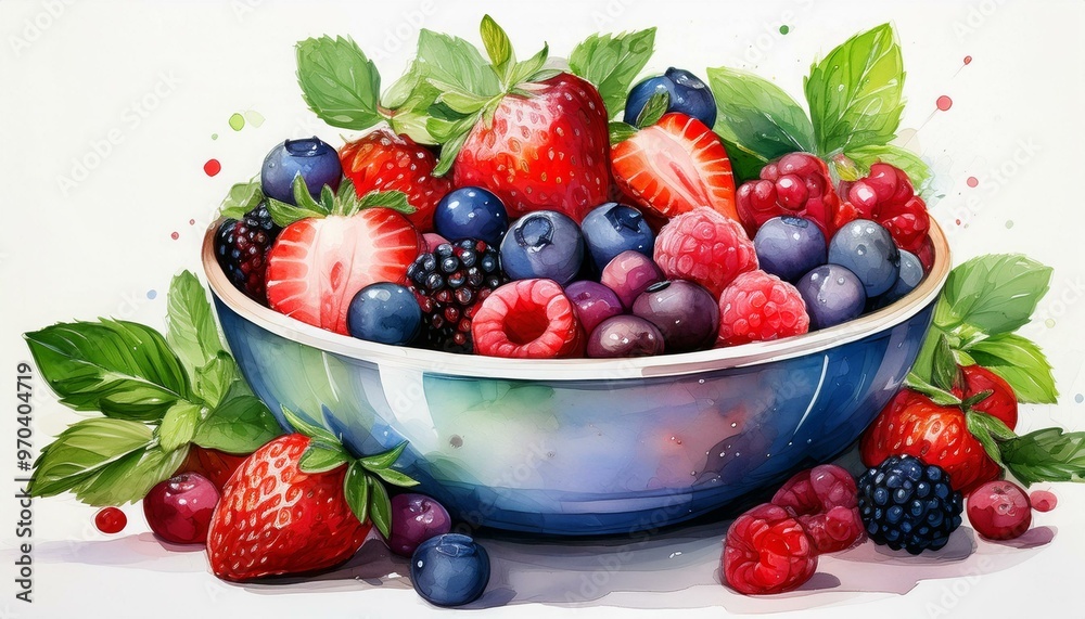 A colorful mix of strawberries, blueberries, raspberries, and blackberries overflowing from a blue ceramic bowl with fresh leaves. A colorful mix of strawberries, blueberries, raspberries, and blackberries overflowing from a blue ceramic bowl with fresh leaves.
