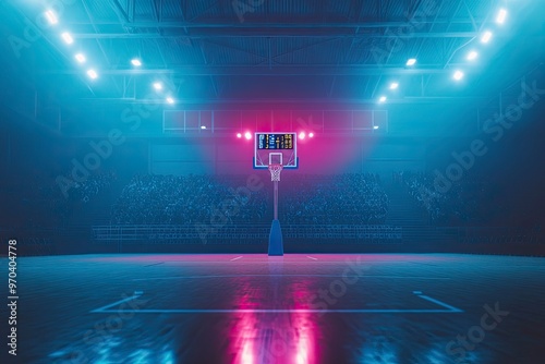 Basketball court with intense lighting, while hoop and scoreboard are ready for action on background with crowdy stages. Concept of sport games, competition, entertainment, action and motion , AI photo