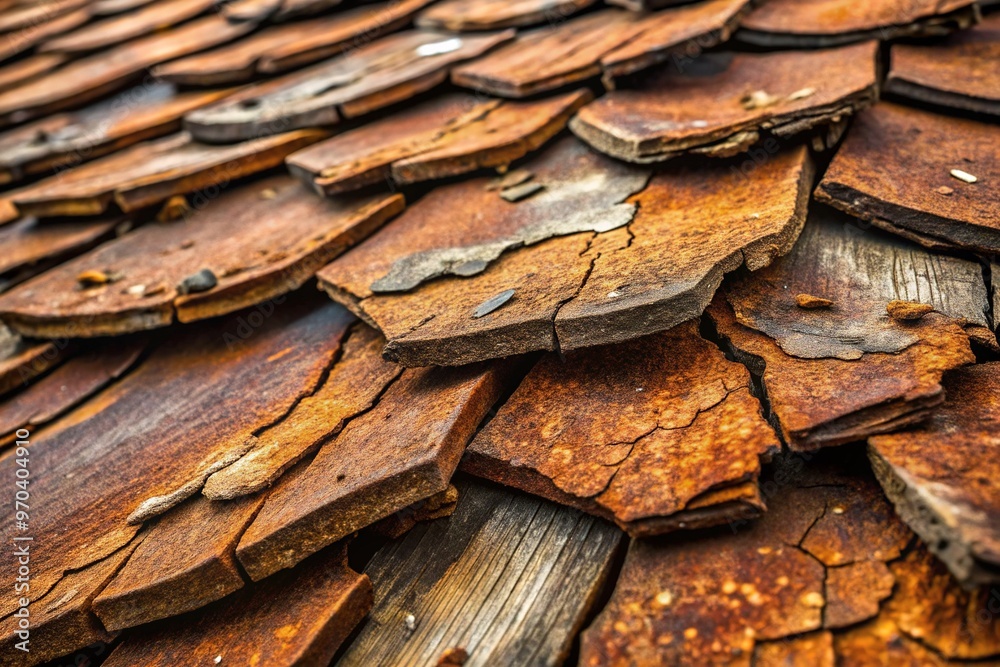A weathered shingle clings to the worn surface, its fragile edges cracked and rusted, a testament to the passage of time. A weathered shingle clings to the worn surface, its fragile edges cracked and rusted, a testament to the passage of time.