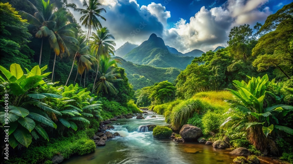 Fototapeta premium Vibrant tropical vegetation surrounds a serene creek flowing through a mysterious jungle, adjacent to a majestic mountain stream in a lush green valley landscape.