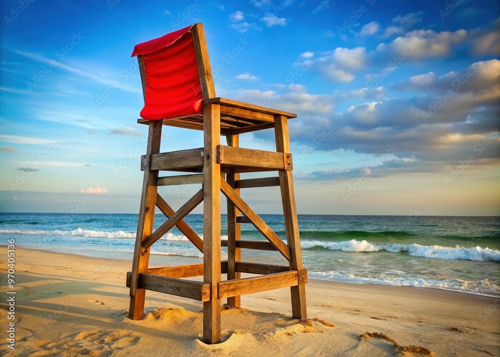 A weathered wooden chair stands sentinel above the beach, its bright red canvas top snapping in the ocean breeze, a beacon of safety. A weathered wooden chair stands sentinel above the beach, its bright red canvas top snapping in the ocean breeze, a beacon of safety.