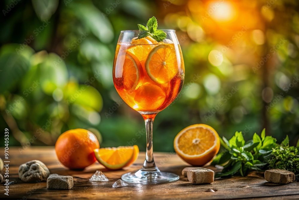 Fototapeta premium Vibrant orange cocktail with a splash of soda water, garnished with a slice of orange, served over ice in a wine glass on a warm summer afternoon.