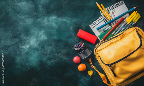 School supplies concept. Top view photo of open backpack with ruler notepads pens clips scattered stationery and drink bottle photo