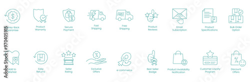 Money Back Guarantee, Product Warranty, Secure Payment, Fast Shipping, Free Shipping, Product Reviews, Email Subscription, Product Specification, Bulk Order Option, Add to Cart vector icon set