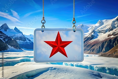 A white rectangle, bearing a red five-pointed star centered on a blue triangle, stands out against a frozen backdrop of snow-capped peaks and glacial valleys. photo