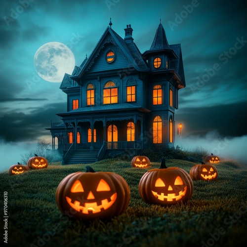 Spooky Halloween Haunted House with Jack o Lanterns and Full Moon