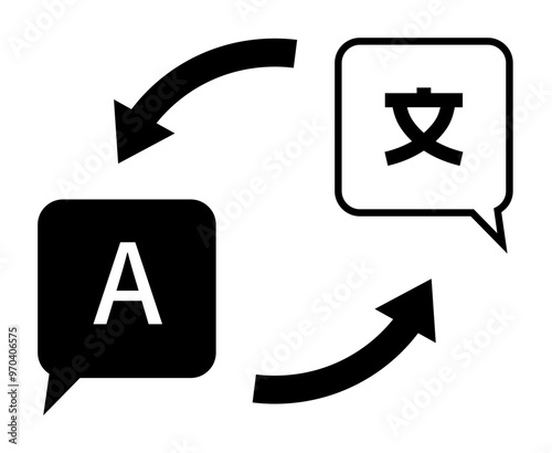 Black and white A and Chinese character within speech bubbles connected by arrows. Ideal for translation, multilingual communication, language learning, internationalization, educational tools. Minima