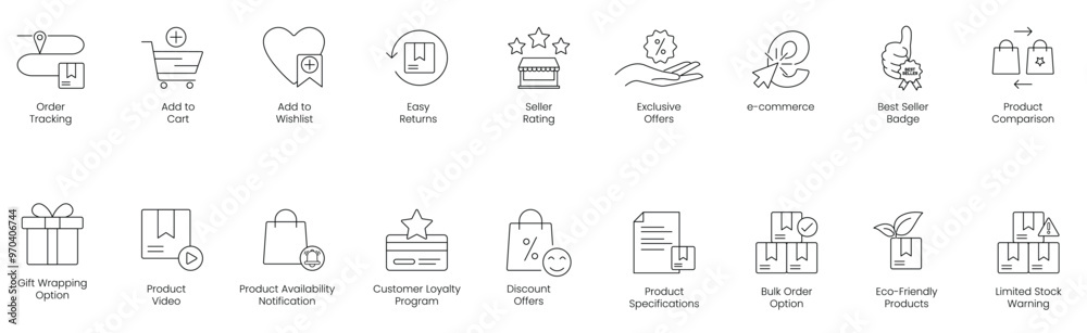 Order Tracking, Add to Cart, Add to Wishlist, Easy Returns, Seller Ratings, Exclusive Offers, E-Commerce, Best Seller Badge, Product Comparison, Gift Wrapping Option vector icon set Order Tracking, Add to Cart, Add to Wishlist, Easy Returns, Seller Ratings, Exclusive Offers, E-Commerce, Best Seller Badge, Product Comparison, Gift Wrapping Option vector icon set