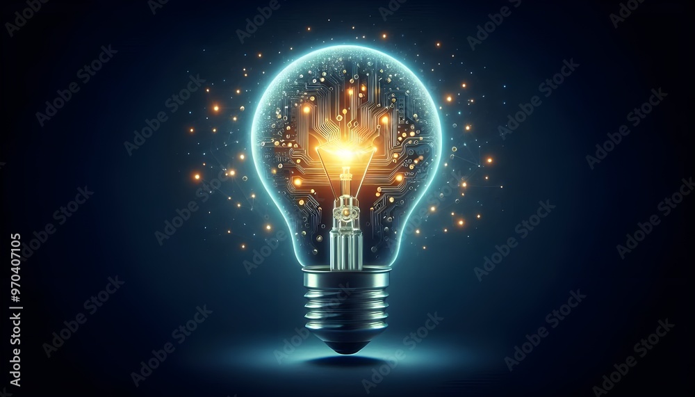 Glowing light bulb with circuit board inside on dark blue background, mockup. Innovation concept. Glowing light bulb with circuit board inside on dark blue background, mockup. Innovation concept.