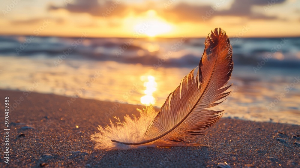 Serene Beach Sunset with Feather on the Sand Serene Beach Sunset with Feather on the Sand