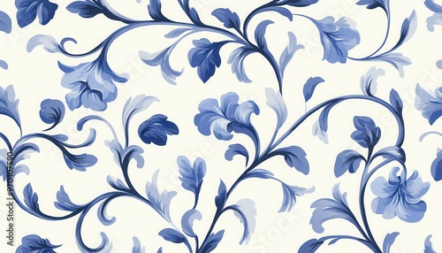 Beautiful blue floral pattern on a light background, perfect for home decor and fabric design. photo