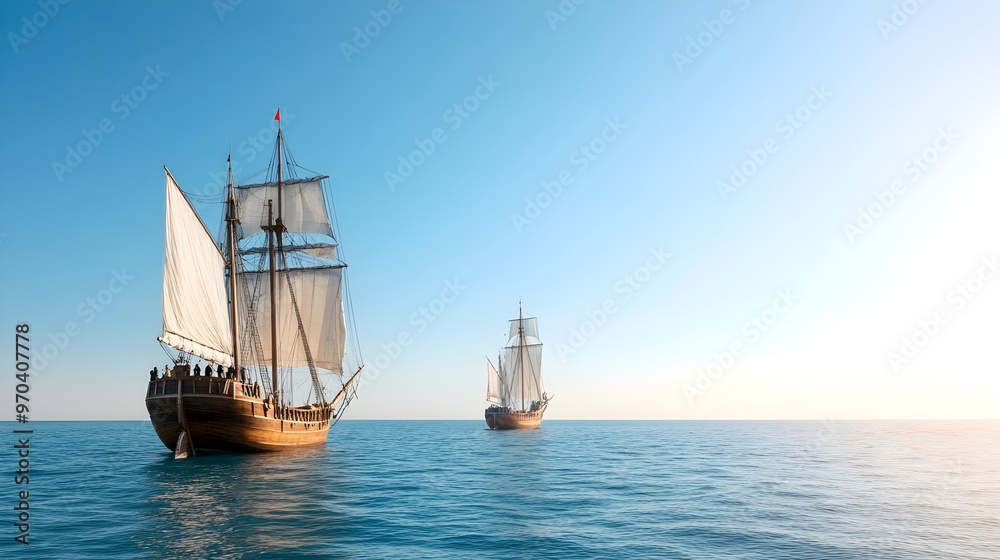 Naklejka premium Celebrating Columbus Day Ship Replicas Navigational Expertise - Historical Insights into Exploration Conquests at Columbus Day Festival Reflecting on Columbus Enduring Legacy