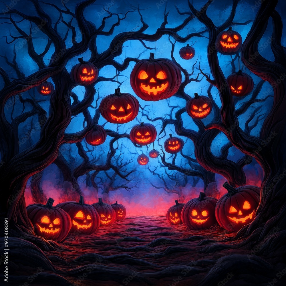 Fototapeta premium Spooky Halloween Jack O Lantern Forest