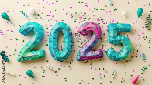 3D "2025" text in green and blue, soft rubber texture, on a soft cream background, no shadows, party poppers,