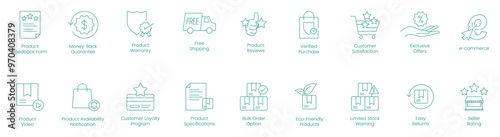 Product Feedback Form, Money Back Guarantee, Product Warranty, Free Shipping, Product Reviews, Verified Purchase, Customer Satisfaction, Exclusive Offers, E-Commerce, Product Video vector icons