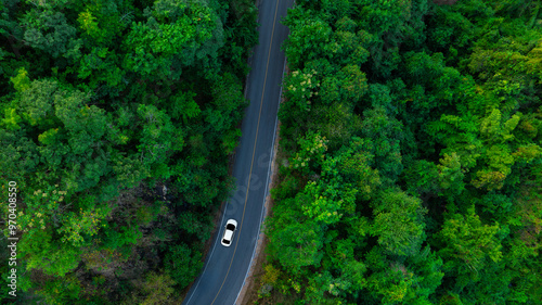 Aerial view of dark green forest road and white electric car Natural landscape and elevated roads Adventure travel and transportation and environmental protection concept photo