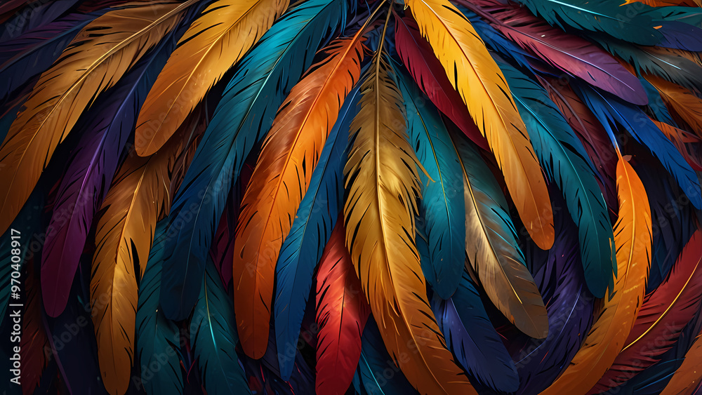 Fototapeta premium Abstract composition of vibrant, colorful feathers arranged in a circular motion
