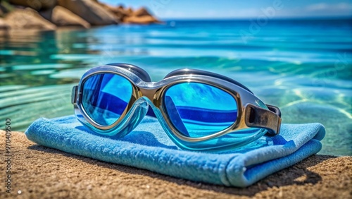 Clear blue waters reflect the sleek design of swim goggles, resting on a beach towel, ready for a refreshing aquatic adventure.