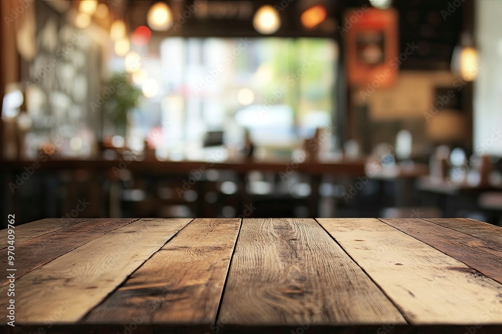 Empty wooden table with blurred restaurant background , ai Empty wooden table with blurred restaurant background , ai