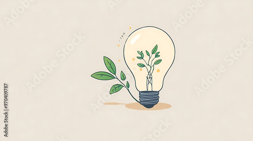 A minimal illustration of a light bulb, with a small plant growing inside of it. The design represents innovation, growth, and sustainable ideas.