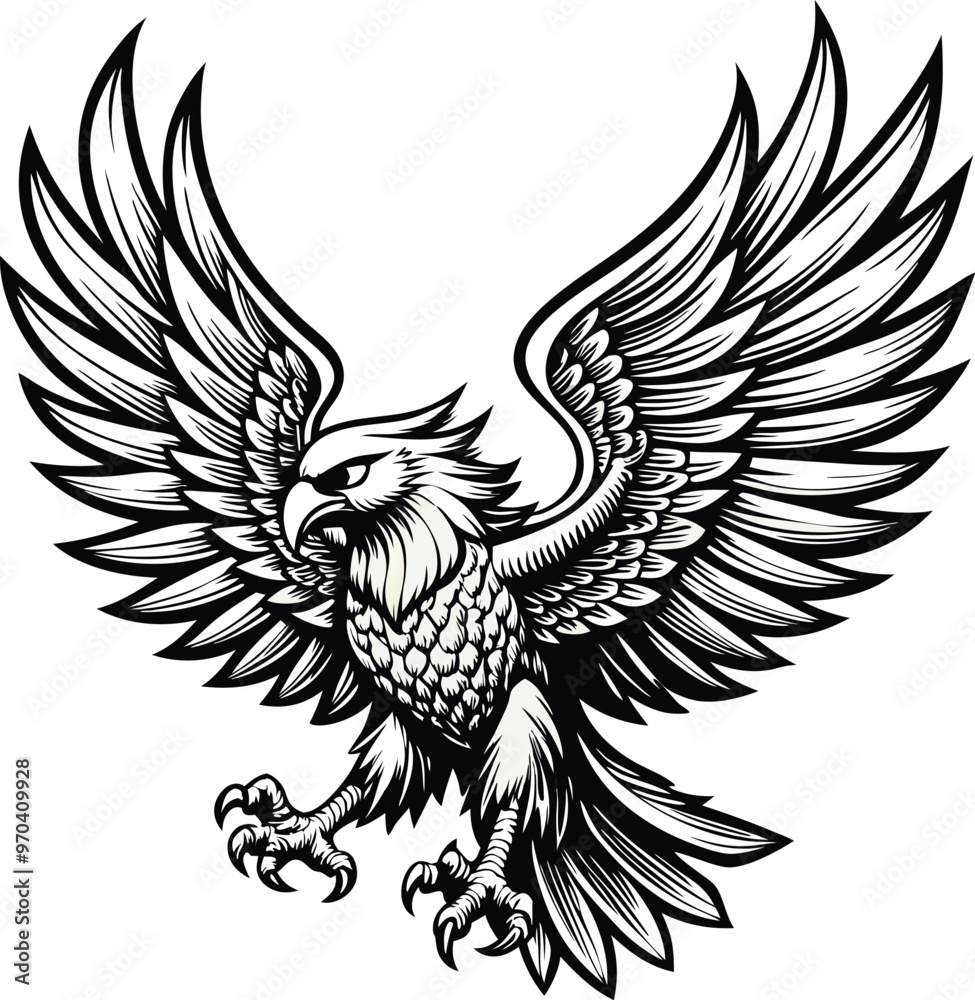 An eagle with a black and white background with a black outline of an eagle