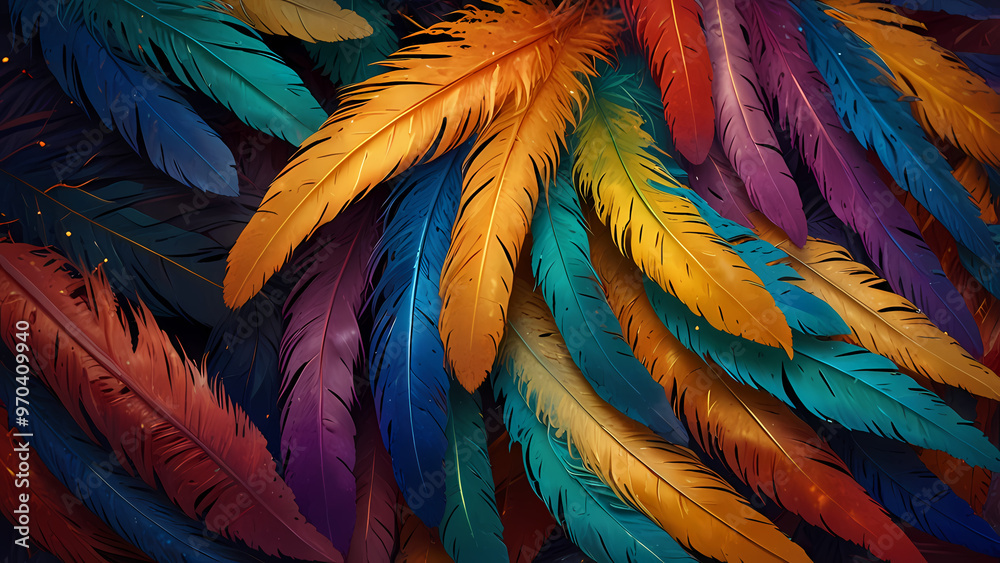 Fototapeta premium Abstract composition of vibrant, colorful feathers arranged in a circular motion