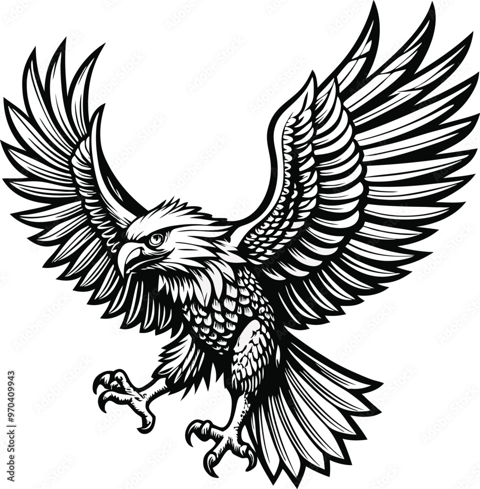 An eagle with a black and white background with a black outline of an eagle