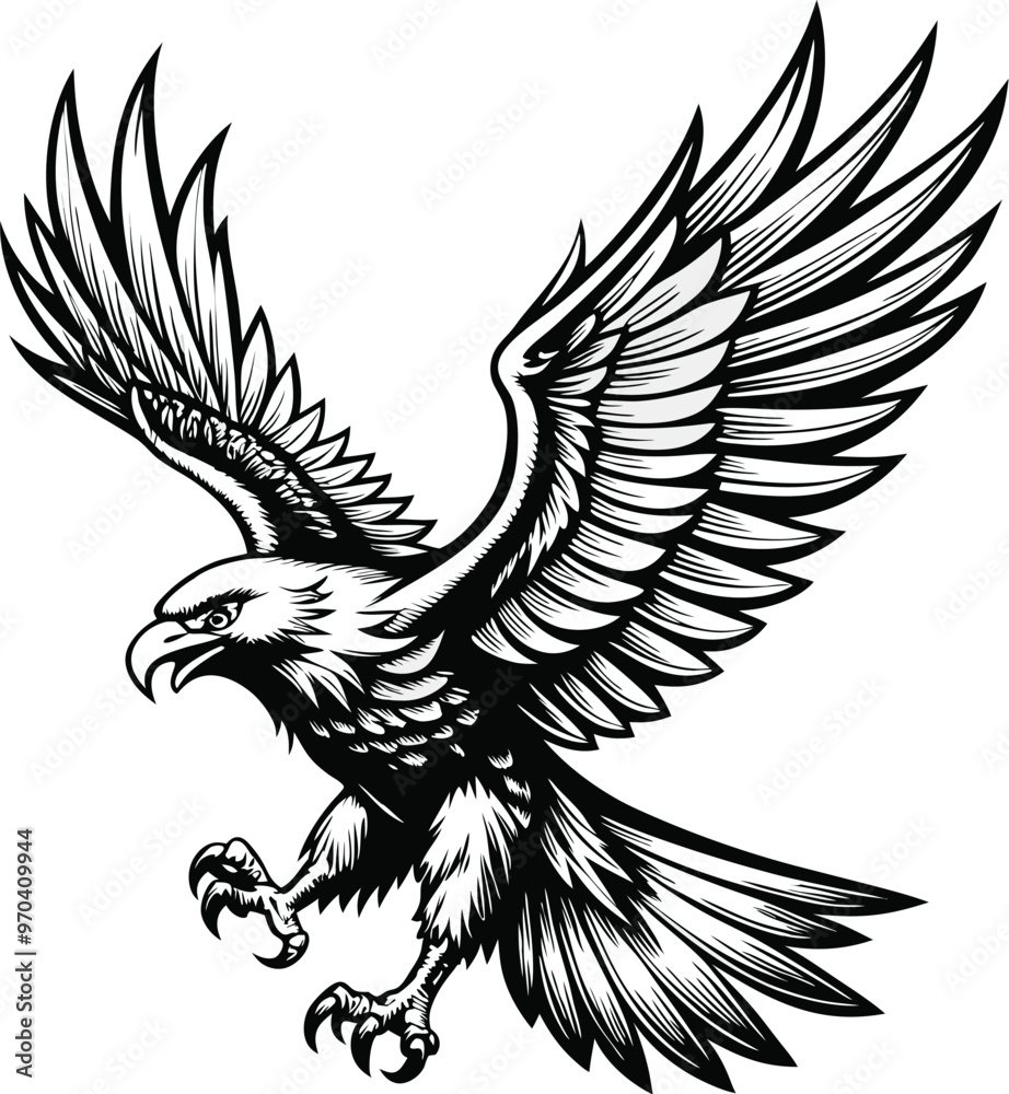 An eagle with a black and white background with a black outline of an eagle