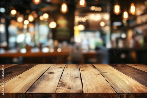 Empty wooden table with blurred restaurant background , ai